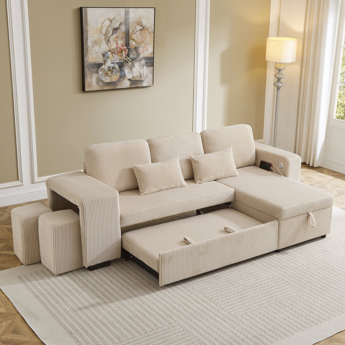 Modern L-Shaped Convertible Sofa Bed, 3-in-1 Convertible Sofa Bed With Internal Storage Chaise, Nesting Footstools, Integrated Charging Station & Adjustable Armrest Side Storage, Corduroy Fabric,Beige