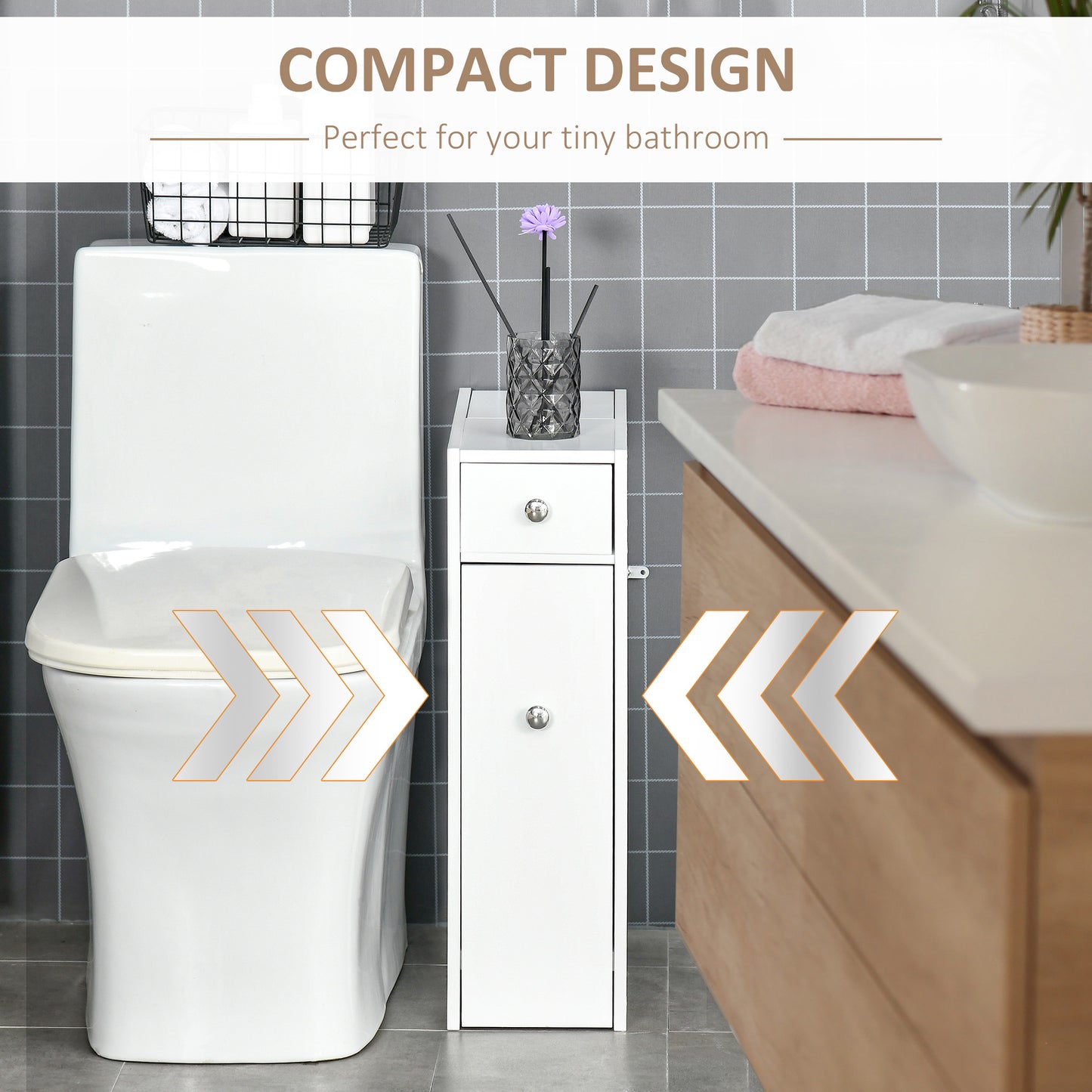 Bathroom Slim Floor Cabinet Narrow Wooden Storage Home Bath Toilet Cupboard Organiser Unit With Drawers White