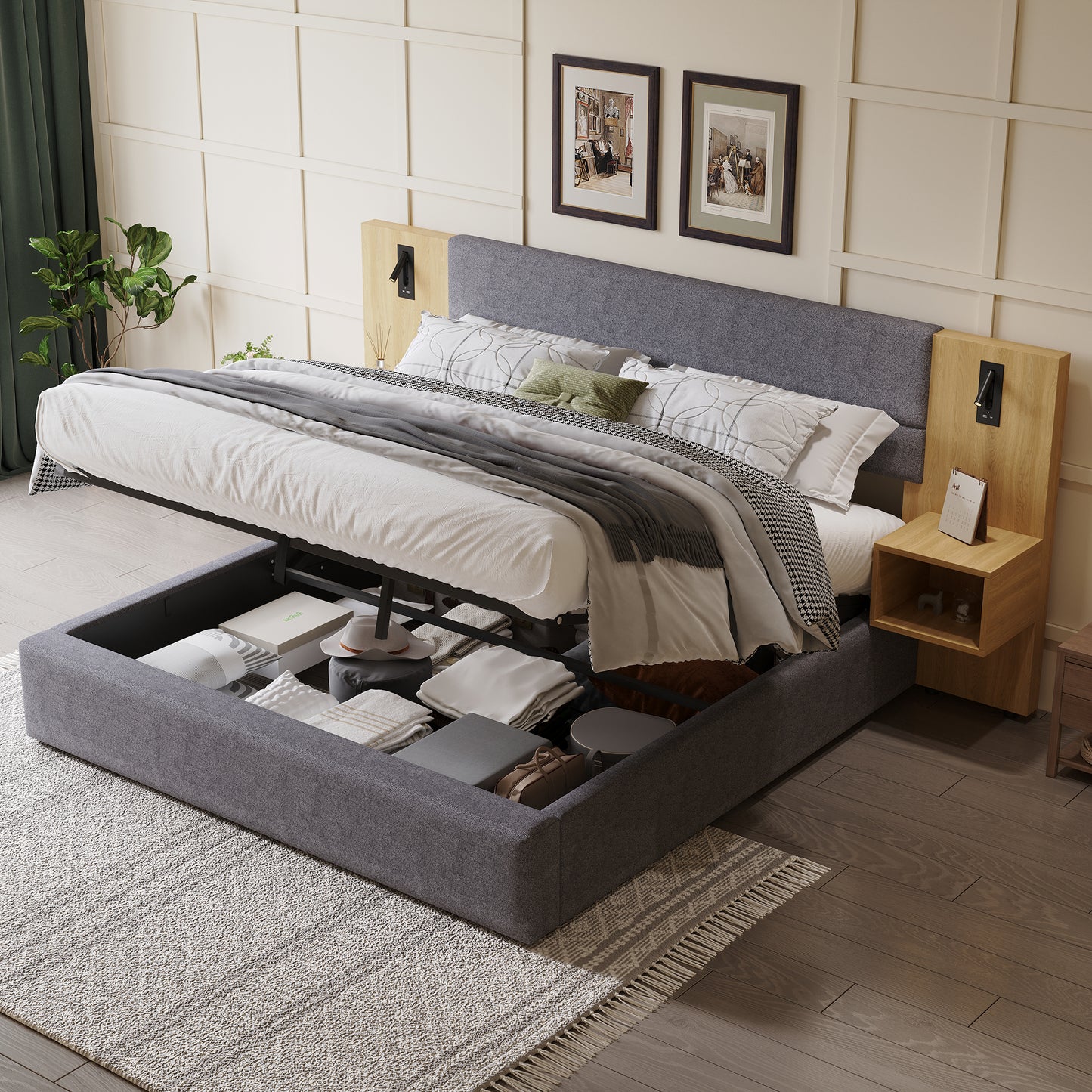 Upholstered Bed 160 X 200 Cm, Hydraulic Wide-eared Bed With USB Connection, With Lighting, Including Two Bedside Tables With Storage Space, Wooden Slatted Frame, Easy Construction, Velvet, Grey  Natu