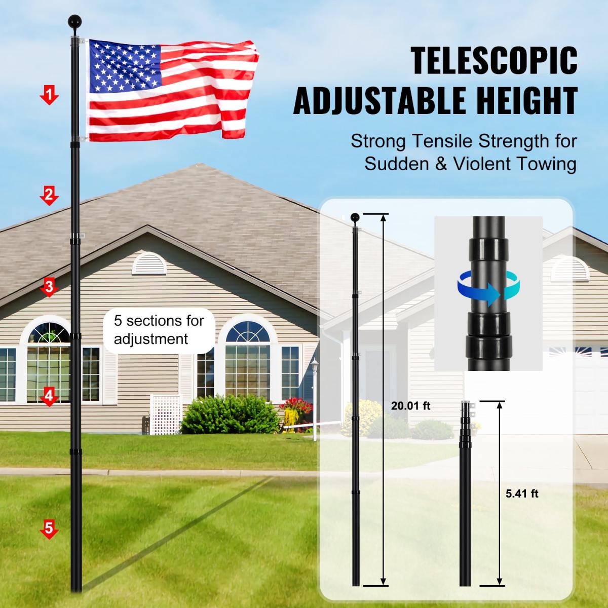 20FT Telescoping Flag Pole Kit, Heavy Duty Aluminum Alloy In Ground Flag Poles For Outside, 3 Display Modes Flagpole With 3x5 American Flag, Professional Accessories, Black