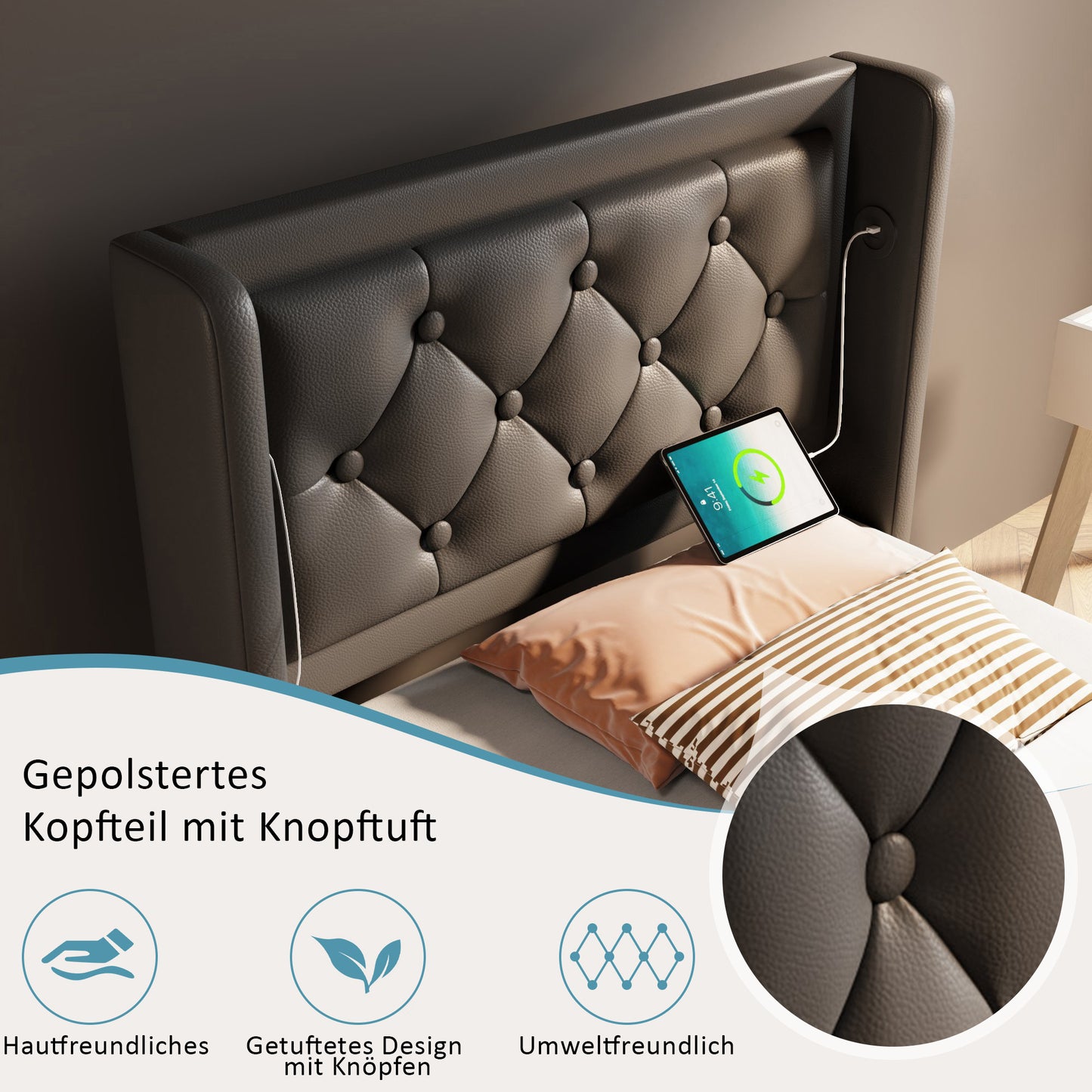 Sofa Bed Single Bed 90x200 Cm, Black PU Material Hydraulic Storage Bed, Cushioned Headboard With USB Type-C Charging Function, 3-sided LED Function  Without Mattress