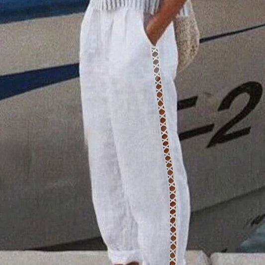 Best-selling Womens Solid-color Casual Hollow-out Cotton-linen Pants For Summer