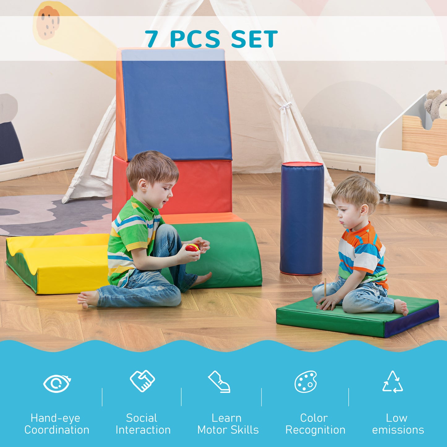 Soft Play Set, 7 Piece Foam Blocks, Toddler Climb And Crawl Activity Set For 1-3 Years, Soft Play Equipment For Building And Stacking, Educational Play, Red