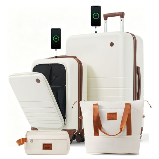 4-Piece Luggage Set with USB Charging Ports - 20in Carry-On (Front-Opening for Laptop) 28in Checked Suitcase with TSA Lock Travel Duffel Bag Wet-Dry Toiletry Bag, ivory and brown
