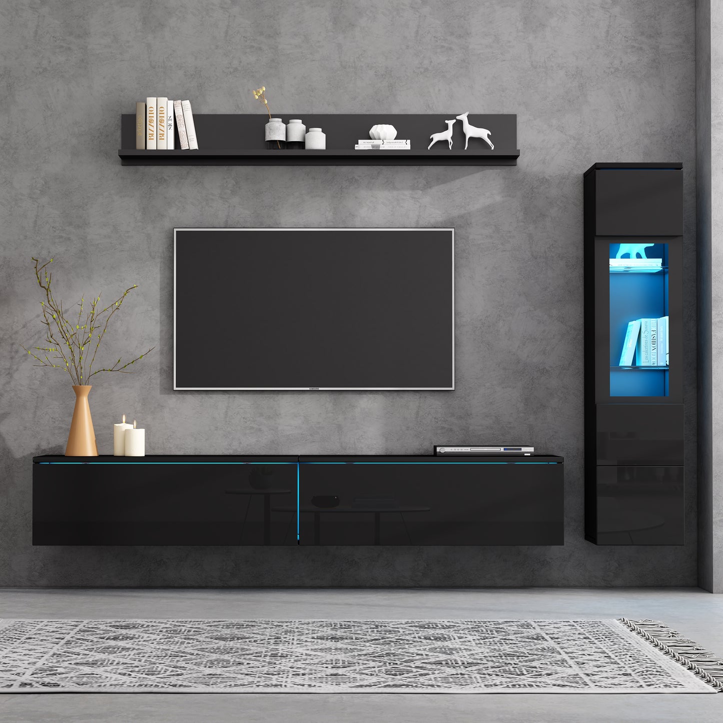 TV Wall Unit Set 3-Piece LED Lighting High Gloss Black Living Room Furniture Set Frontal Wall Unit Black 1 X TV Cabinet, 1 X Living Room Display Cabinet, 1 X Hanging Shelf, TV Up To 80'