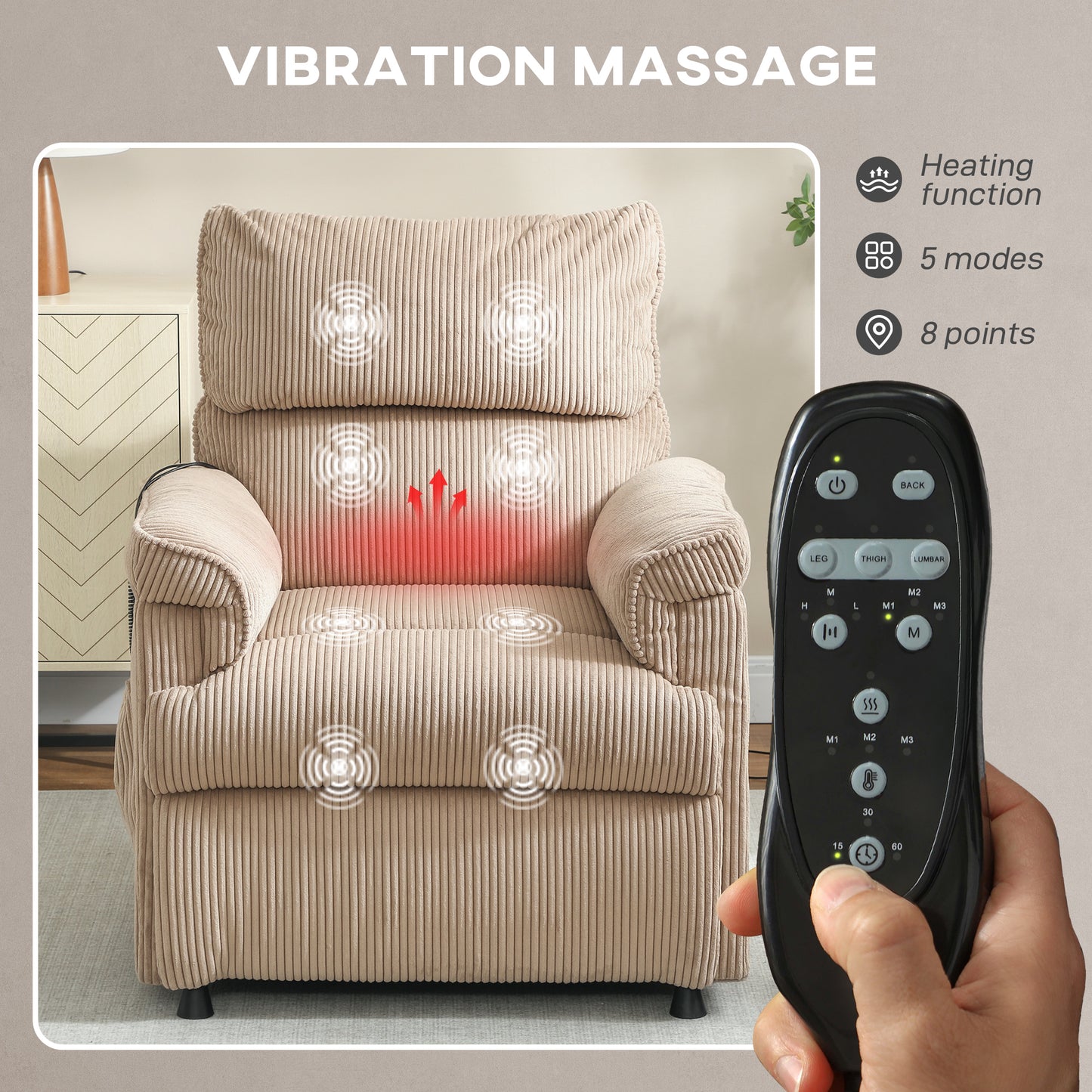 Corduroy Electric Massage Recliner - Brown