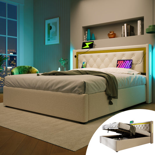 Upholstered Bed LED Double Bed Storage Bed Box With USB Type C Charging Function Headboard,Storage Beds Cotton Bed Frame Youth Bed 160x200 With Slatted Base  Without Mattress