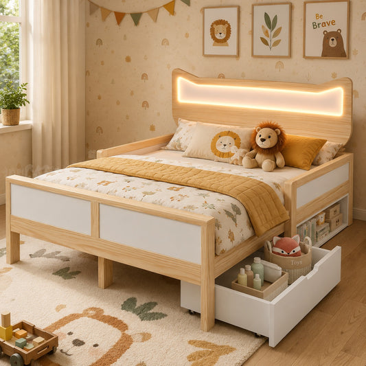 Children's Bed 140x200 Cm With Cat Ears, Headboard & RGB LED Lighting, Slatted Frame, Flexible Drawer & Storage Compartment Can Be Mounted Left Right, Child-proof Safety Gate, In White And Oak, Withou