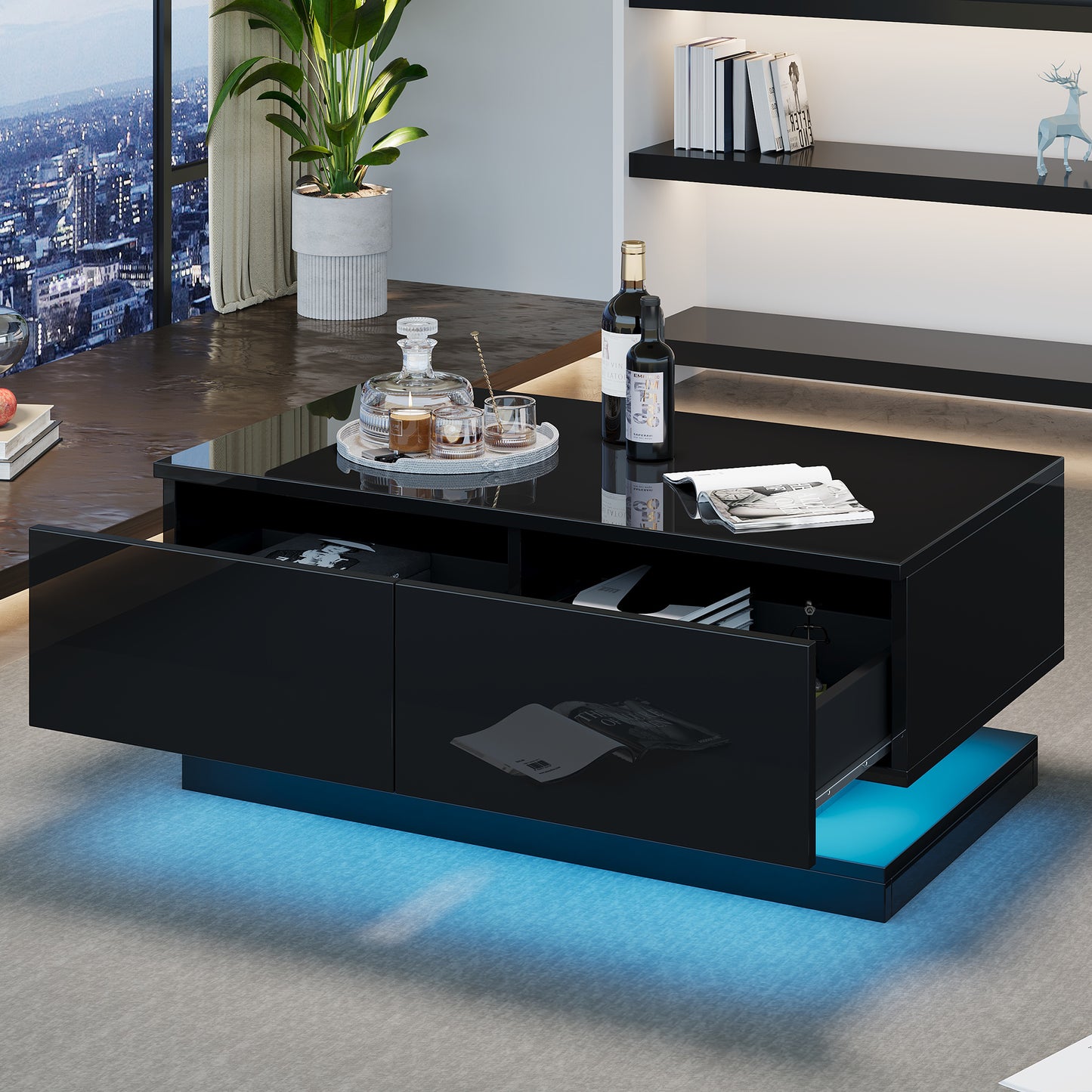 90 X 50 X 38 Cm Black High-gloss Coffee Table With 2 Drawers, Featuring Atmospheric LED Lighting Controlled Via A Mobile App.