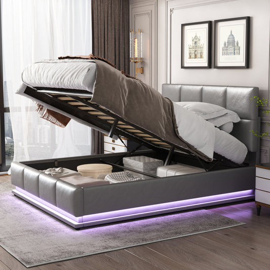Upholstered Bed 140x200 Cm With LED Lighting & Hydraulically Liftable Bed Storage Space, Bed Base & Slatted Frame Cover Made Of  Leather Double Bed  Youth Bed Grey