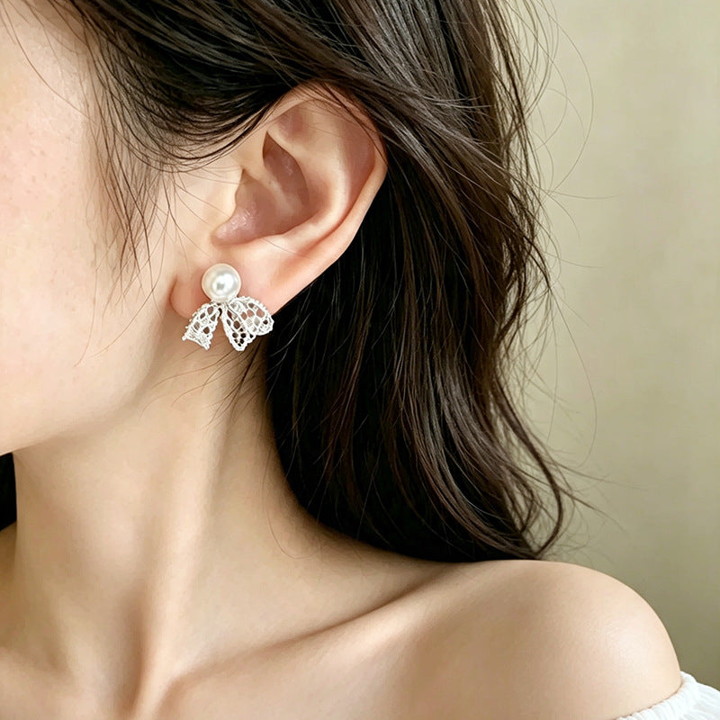 Lace Bow Stud Earrings For Women, New Arrival High Sense Fashion Best Selling Pearl Earrings, Niche Retro Versatile Trendy Ear Jewelry