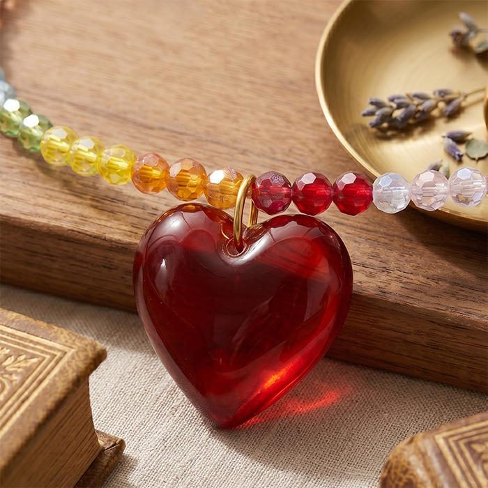 Rainbow Glass Bead Choker Necklace For Women, Stainless Steel Adjustable Chain With Chunky Red Glass Heart Pendant, Colorful Summer Jewelry Gift