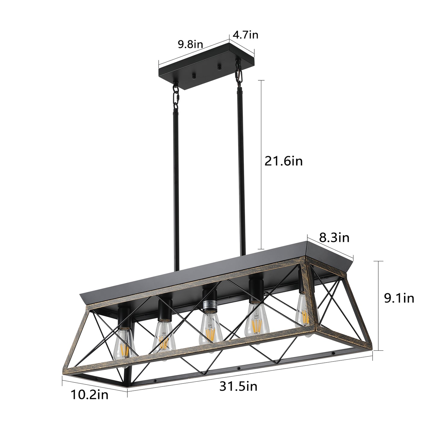 32in  Black Gold Industrial 5-Light Pendant Chandelier, Modern Metal Cage Design, Adjustable Hanging Light For Dining Room, Kitchen, Living Room  No Bulbs
