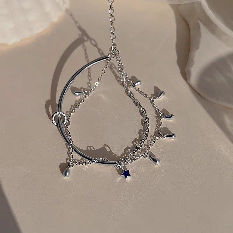 1pc 999 Sterling Silver Double-Layer Tassel Star Half-Bangle Bracelet, Trendy Style, Perfect For Daily Wear & Valentine's Gifts