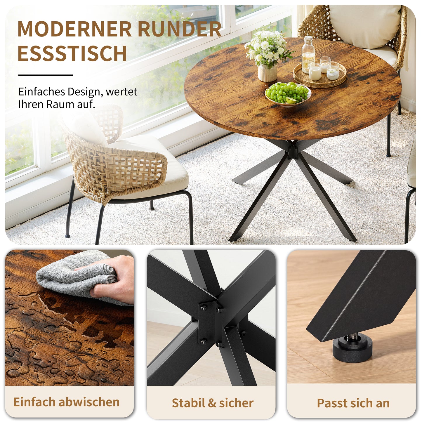 Round Dining Table Industrial Style  120 Cm Generous With X-feet Vintage Brown-black Kitchen Living Room