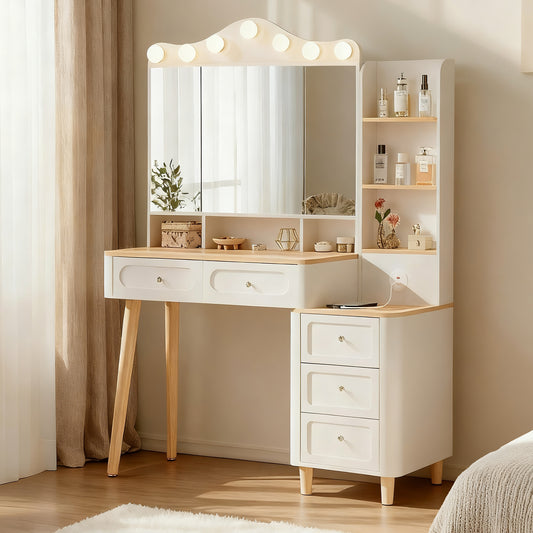 Vanity Desk With Mirror And Lights,Makeup Vanity With 2 USB Power Strip,Vanity Set With Two Drawers And Three-drawer Chest, 3 Lighting Modes Adjustable Brightness, Foldable Three-sided Mirror White