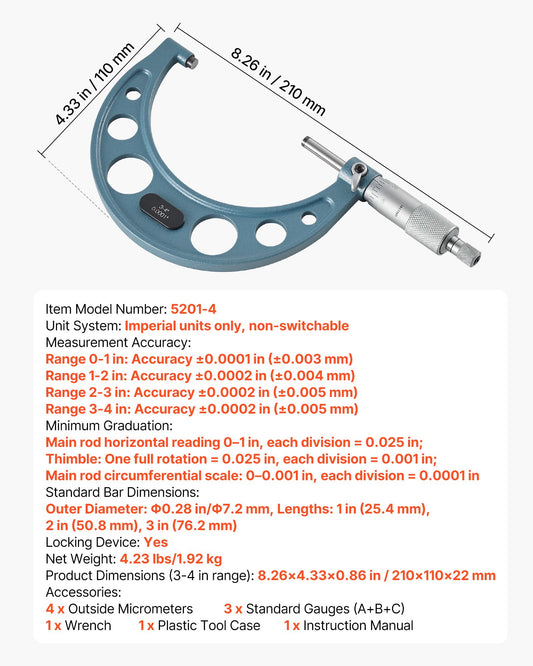 4 PCS Micrometer Set, 0-1"/1-2"/2-3"/3-4" Machinist Outside Micrometer, Ultra-Precision 0.0001 Accuracy, Professional Machinist Tools With Protective Case, For Metalworking & Engineering