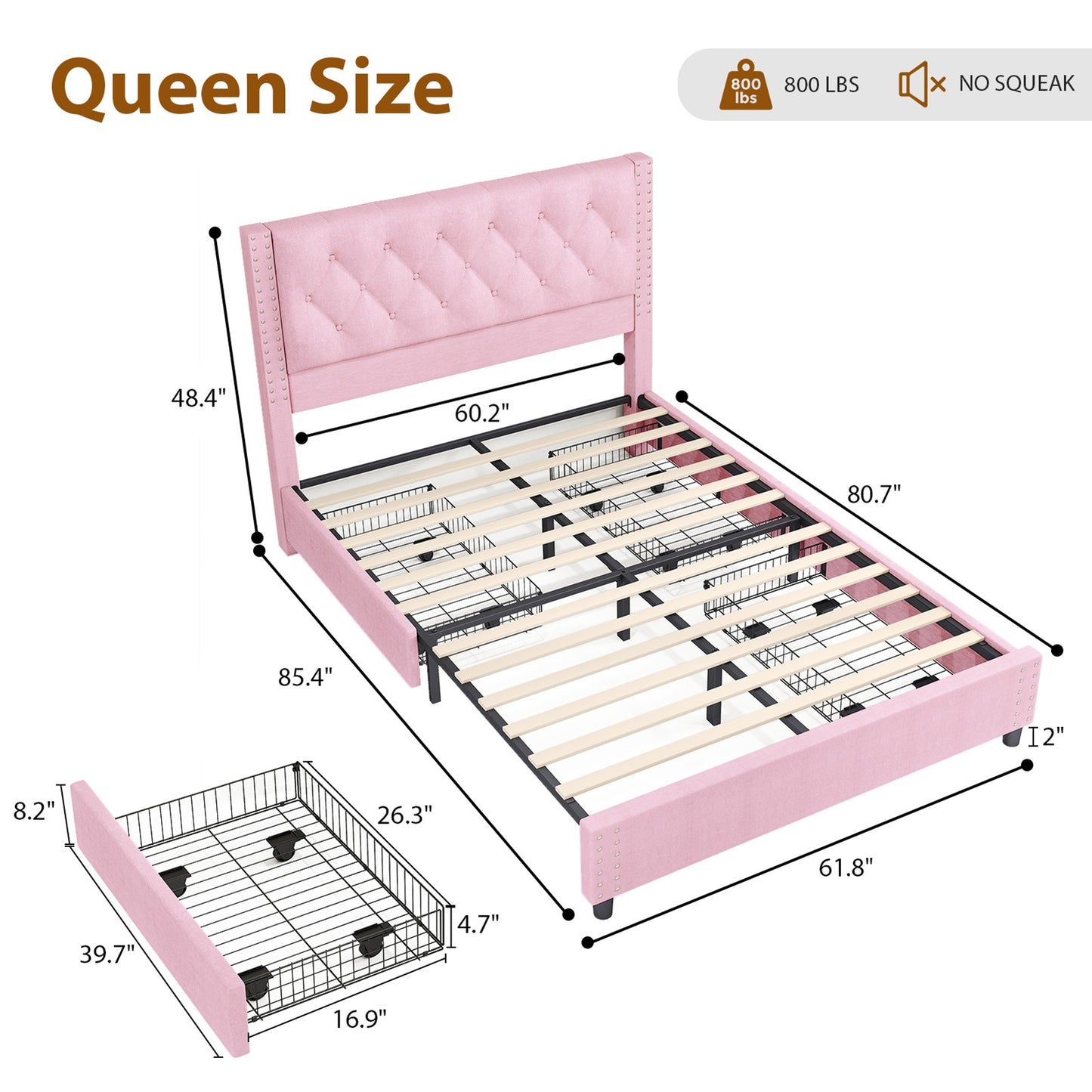 Queen Size Bed Frame With Upholstered Button Tufted Headboard Wood Slat Support Metal Platform Bed Frame With 4 Drawers No Box Spring Needed Easy Assembly For Home