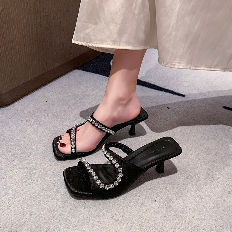 Women Open Toe High Heel Slide Mules, Outdoor Fairy Style Rhinestone Mid Heel Sandals, 2026 Summer New Arrival, Ideal To Match Dresses