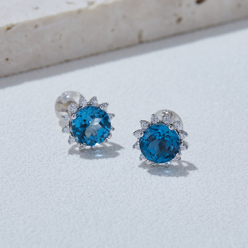 S925 Sterling Silver Starburst Stud Earrings, 6mm Natural Blue Crystal, Platinum Plated 1.6g, Sparkling Snowflake Earrings For Women, Fashion Jewelry Gift Box