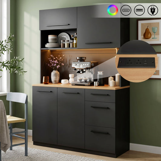 Sideboard, Dining Room Tall Cabinet 120x40x180 Cm, Multi-tiered Storage Space, Integrated Power Outlet And USB-C And USB-A Ports, With Colored Light Strip, Black