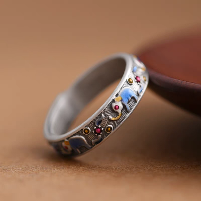 1pc 999 Sterling Silver Enamel Elephant Open Ring, Retro Ethnic Style, Perfect For Daily Wear & Valentine's Day Gift