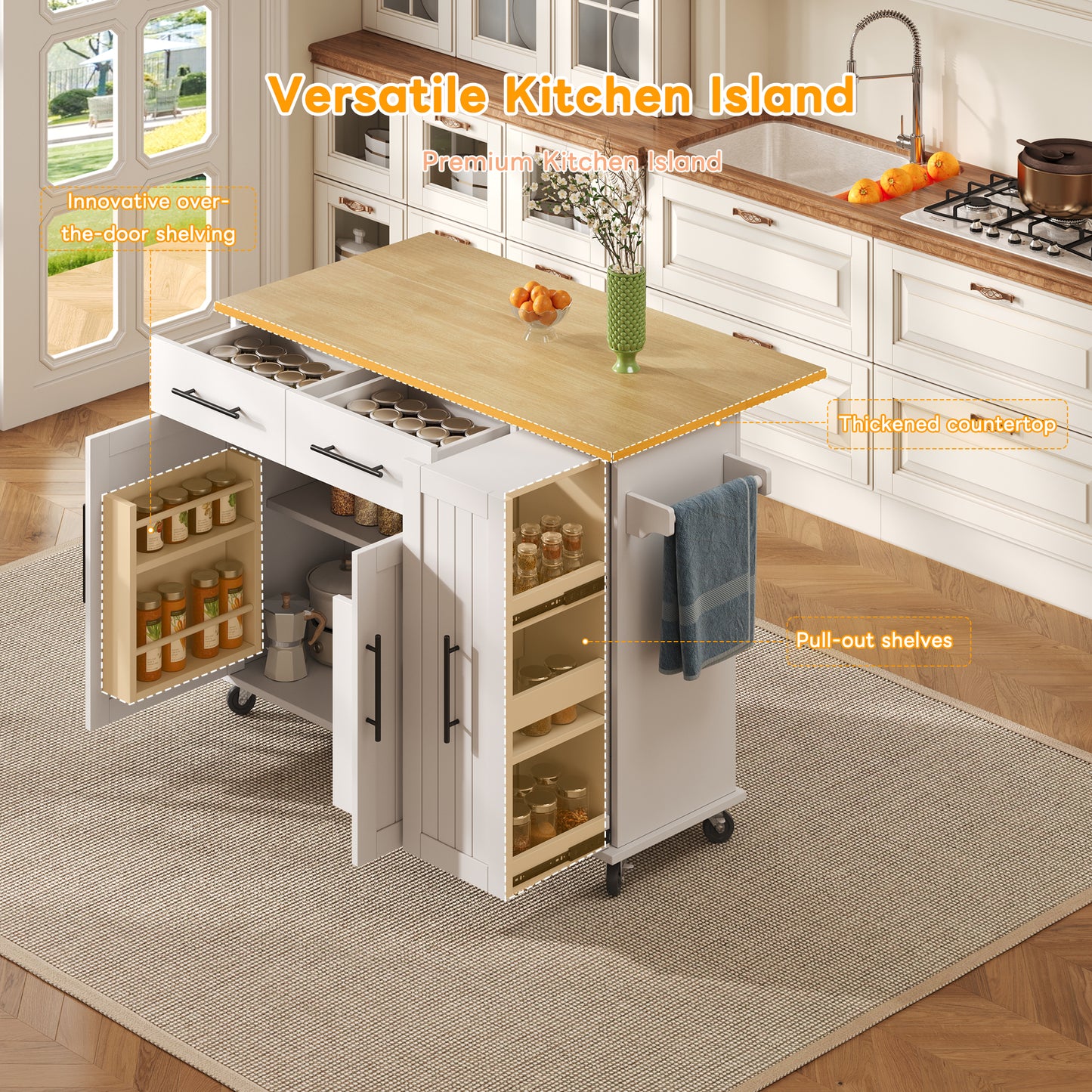 Kitchen Island With Drop Leaf, Storage Trolley With 3-tier Pull-out Cabinet Organizer, Internal Storage Rack, Rolling Cart With Towel Holder & 2 Drawers For Dining Room, White