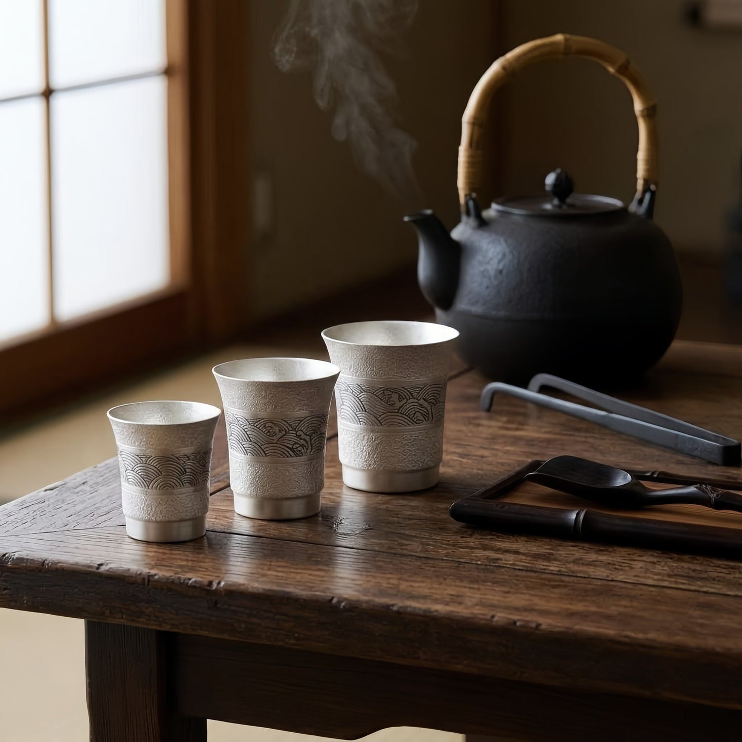 Pure 999 Fine Silver Premium  Tea Cups in Three Sizes with Elegant Wave Patterns-Premium Master Cup - Handicraft