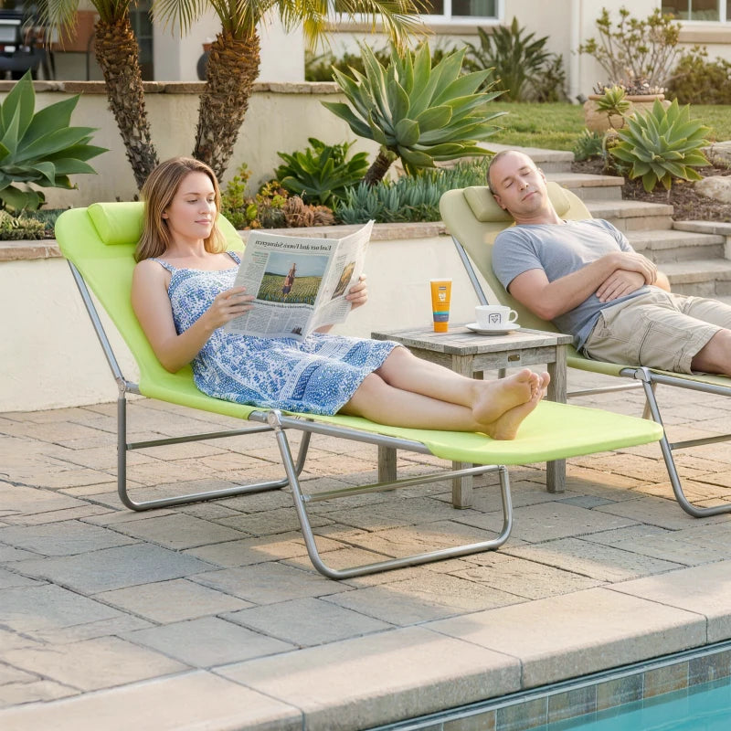 Folding Chaise Lounge Pool Chairs, Outdoor Sun Tanning Chairs With Pillow, Reclining Back, Steel Frame & Breathable Mesh For Beach, Yard, Patio, Green