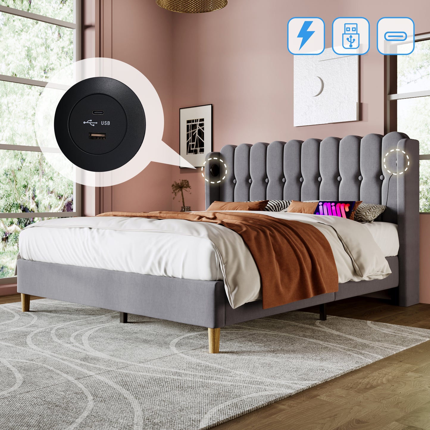 Upholstered Double Bed With USB And Type-C Charging, Bed Frame With Wooden Slatted Frame, Teenager Bed For Bedroom & Guest Room,4ft6 135 X 190 Cm Bed Frame, Grey, Linen Material