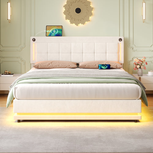 4ft6 Double LED Hydraulic Bed With Charging Station, Adjustable Square Tufted Headboard With Intelligent Control Light, Soft Velvet Bed Frame With USB And Type - C Ports, Beige
