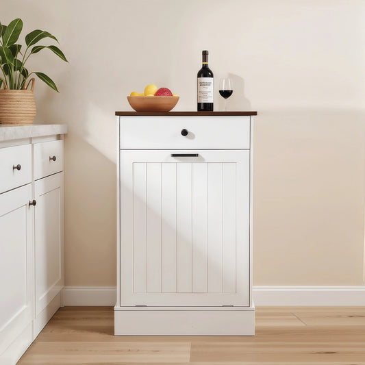 Tilt Out Trash Can Cabinet, Hidden Wooden Trash Can Cabinet With Drawer, Free Standing Garbage Cabinet For Kitchen, 10 Gallon Farmhouse Laundry Hamper Cabinet For Kitchen, Living Room  White