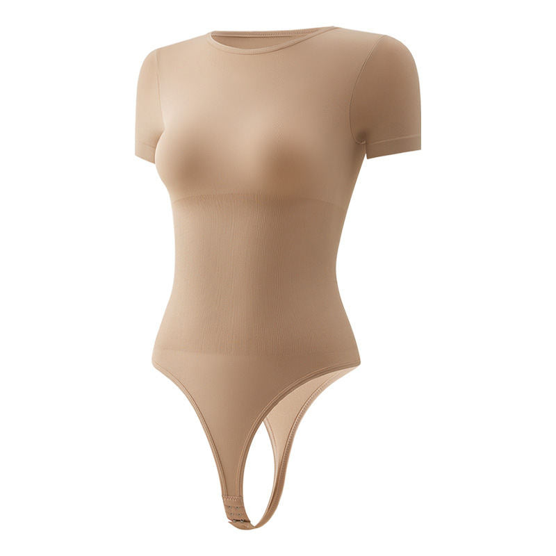 Ss-border Seamless Short-sleeve Bodysuit Shapewear With Waist Cinching, Abdominal Shaping, And Thong Tight-fitting Body Suit