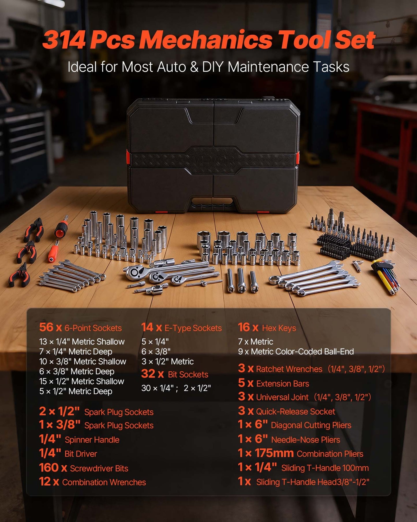 Mechanics Tool Set, 314-Piece Mechanic Tool Kit, 1/4 In, 3/8 In, And 1/2 In Drive, Metric Socket Set, Wrenches, Screwdriver Bits, Accessories, And Storage Case, For Automotive And Home Repair