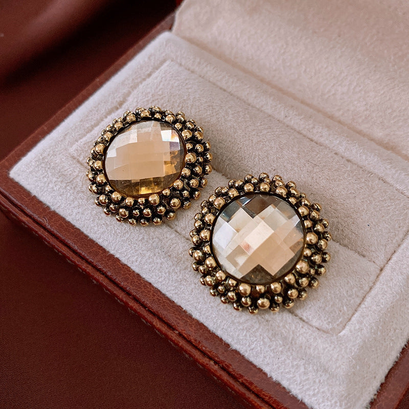 Silver Needle Retro Rhinestone Stud Earrings Women Vintage  Stone High End Light Luxury Jewelry Gift