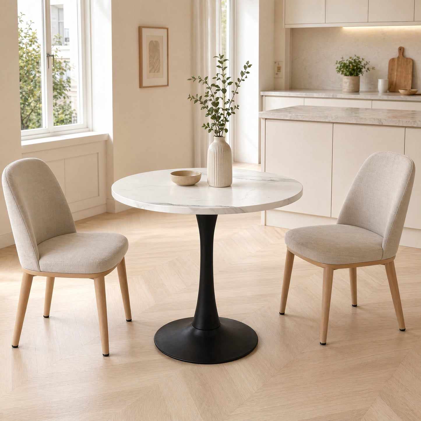 80cm Modern Round Dining Table For 2-4 Small Reception Table With White Marble Pattern Wooden Desk And Black Metal Pedestal Circle Kitchen Table For Home Office Dining Room Apartment