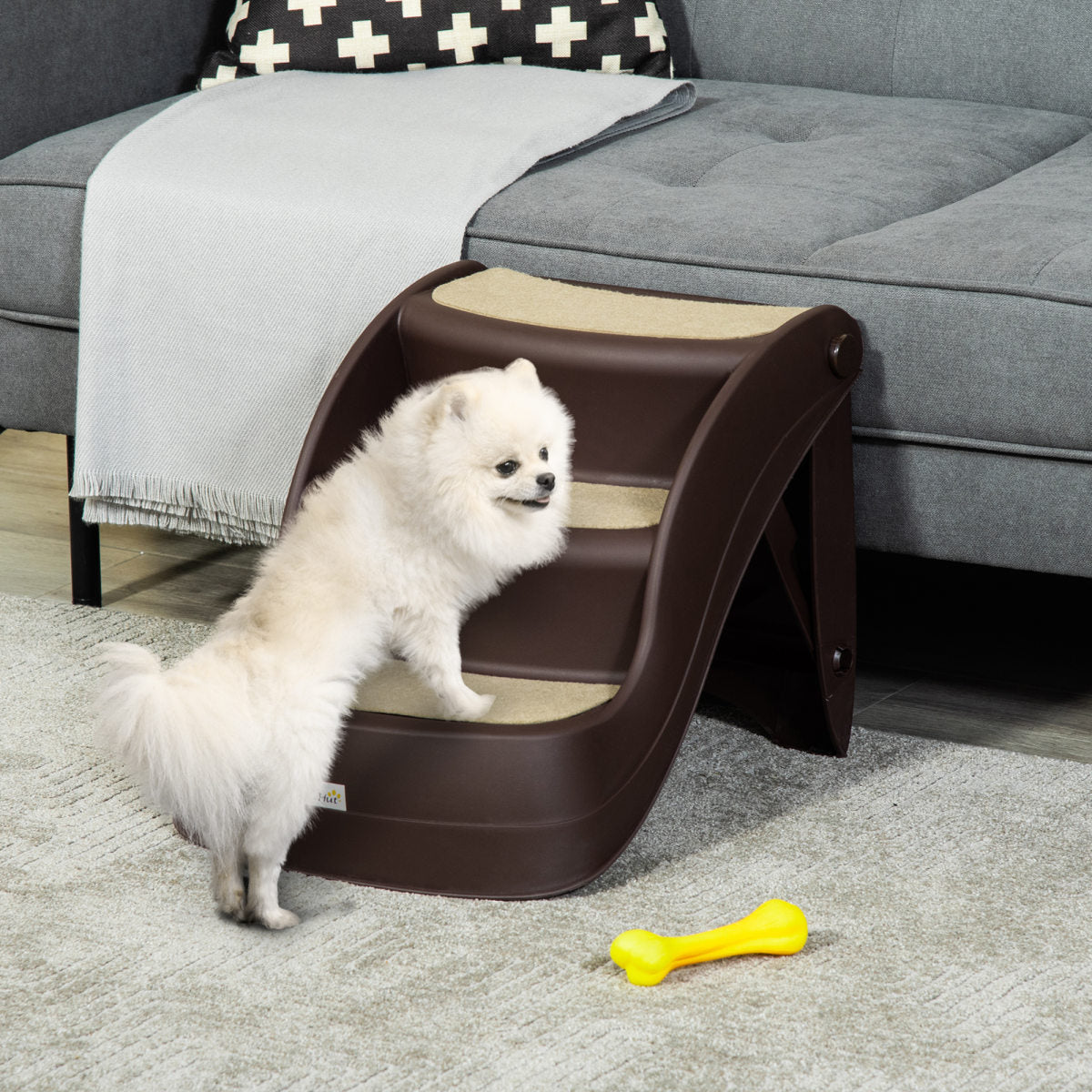 PawHut Foldable Dog Steps, Portable Dog Stairs 3-Step For High Beds, Sofas, Pet Stairs With Non-slip Mats For Small And Miniature Breeds, 49 X 38 X 38 Cm, Brown