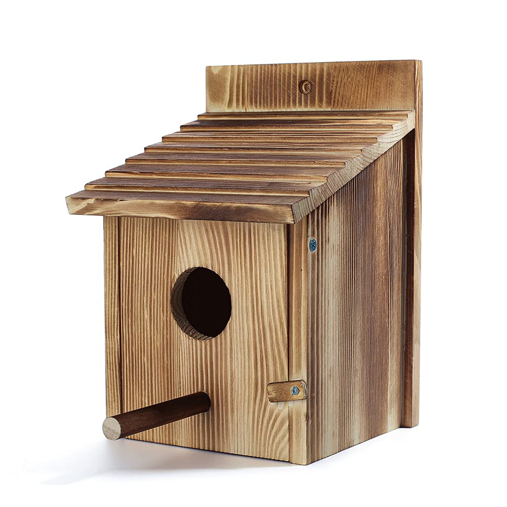 Wooden Bird House For Outside, Hanging Natural Wood Birdhouse With Perch, 1.5in Entrance & Side Clean-Out Door For Bluebirds, Wrens And Finches, Garden Decor