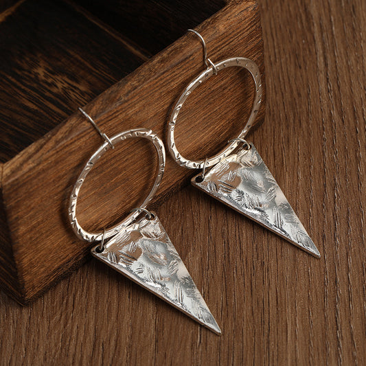 Bohemian Silver Tone Geometric Triangle & Circle Drop Earrings For Women, Oversized Vintage Statement Ear Accessories