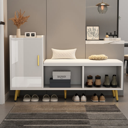 White High-gloss Cabinet Door With Storage Entrance Shoe Cabinet, Multi-level Shelf With Upholstered Seat, Shoe Changing Bench With Cabinet Gold Accessories For Entrance, Hallway, Living Room, Bedroom