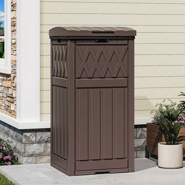 32 Gallon Outdoor Trash Can, Waterproof Resin Garbage Bin With Lid & Drip Tray For Porch Backyard Patio, Dark Brown  Shipment From Walmart