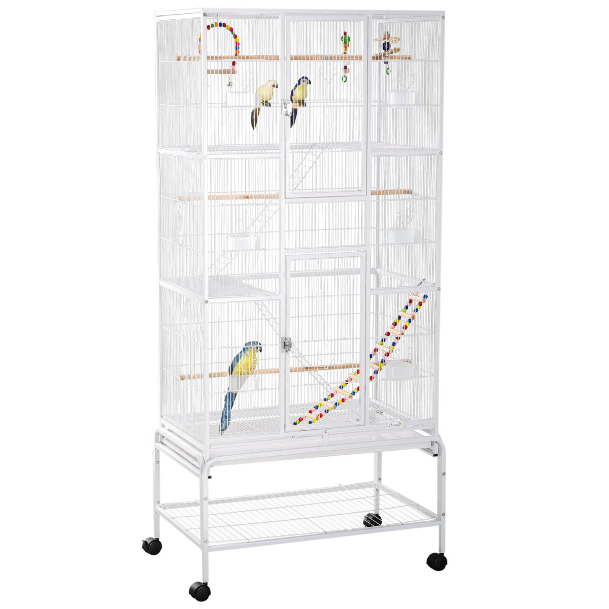 PawHut Large Bird Cage Budgie Cage 3 Tier Aviary With Stand Wheels, Toys, Ladders, Shelf For Canaries, Finches, Cockatiels, Parakeets - White