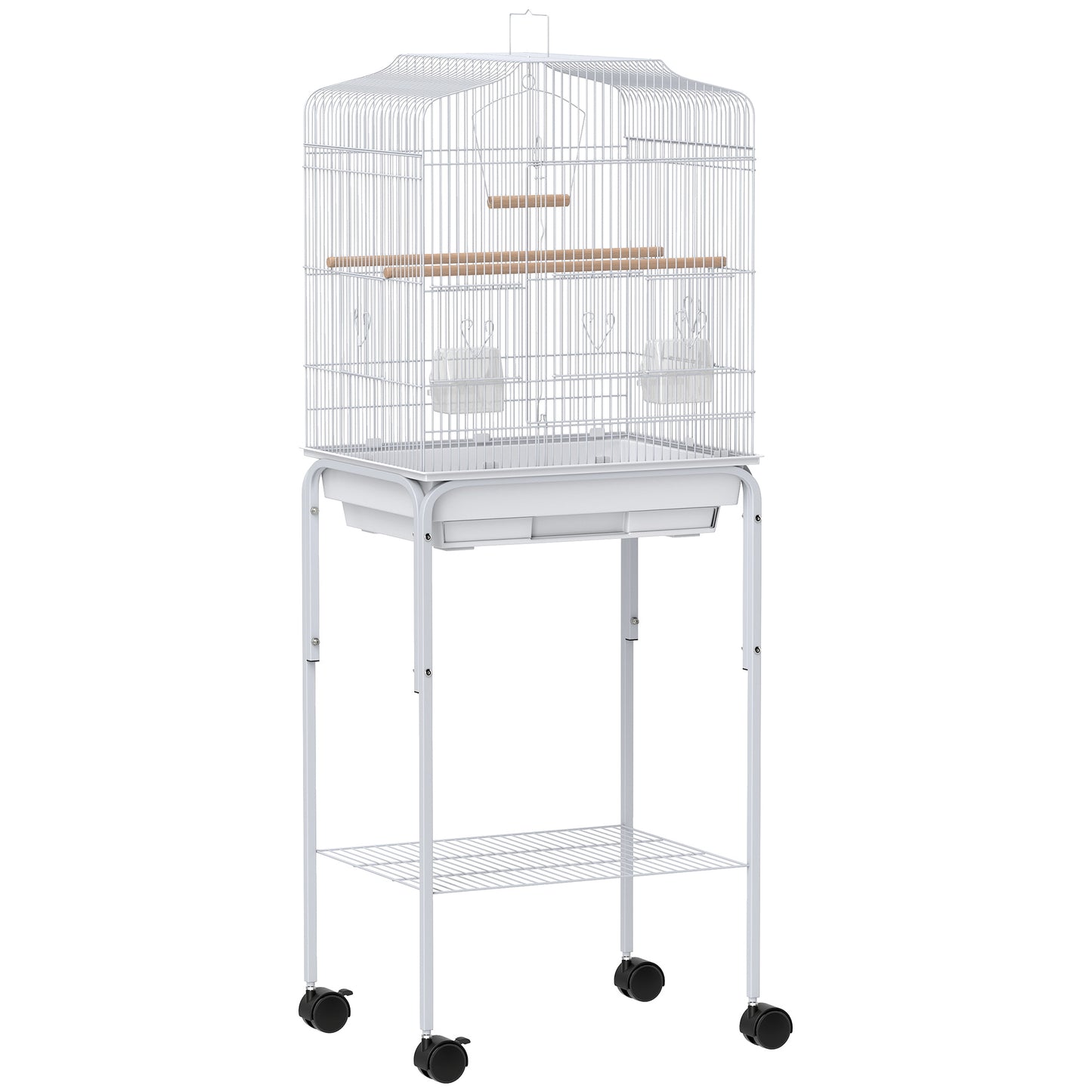 PawHut Bird Cage Budgie Cages For Finch Canary Parakeet With Stand Wheels Slide-out Tray Accessories Storage Shelf, White