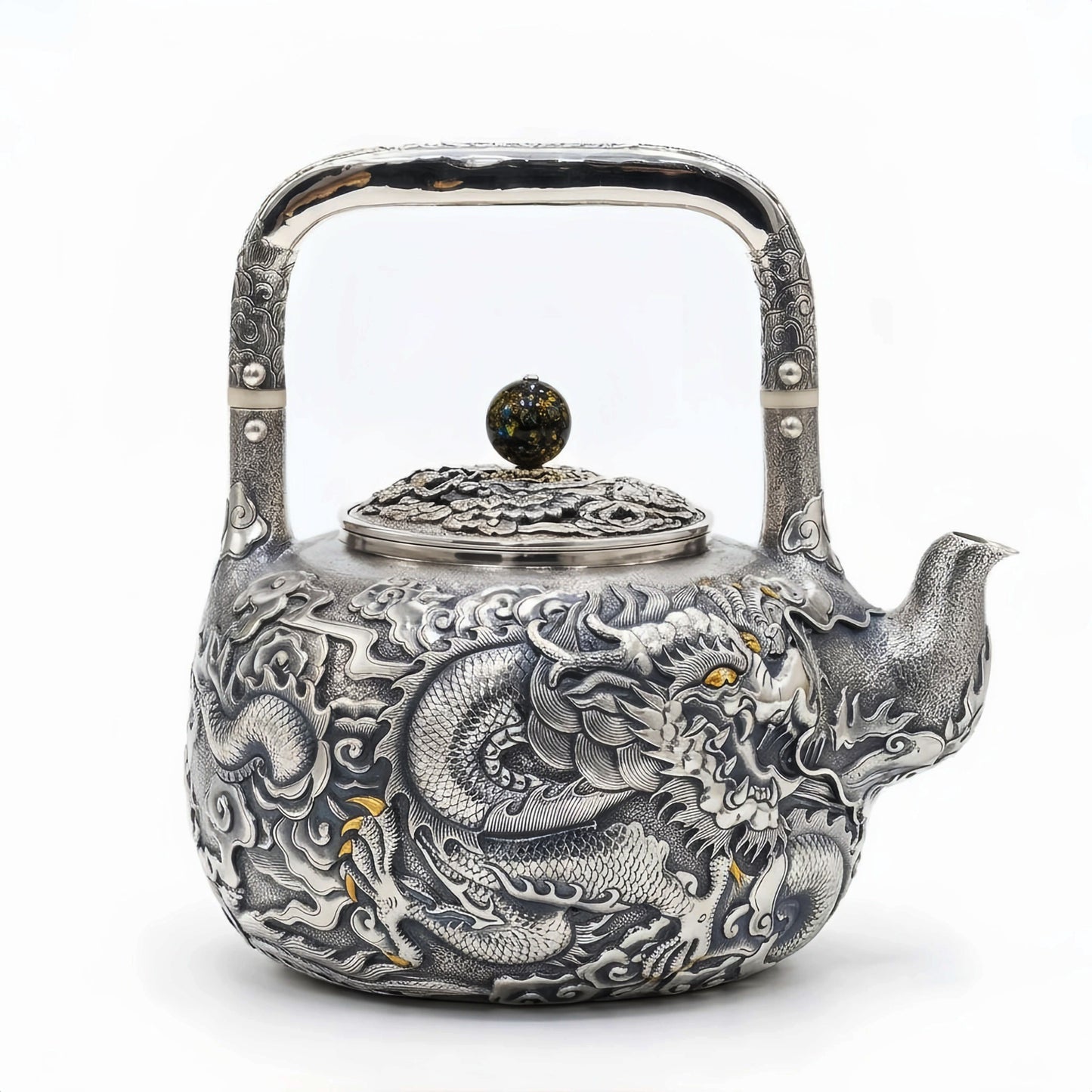 Pure 999 Fine Silver Exquisite Silver Dragon Tea Vessel with Ornate Relief and Dark Gemstone Accents - Handicraft