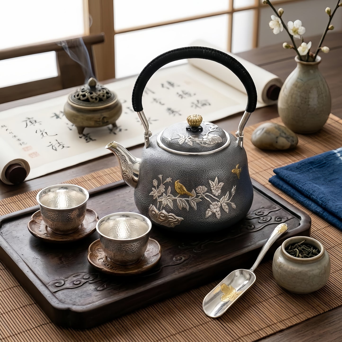 925 Sterling Silver Elegant Hammered Silver Tea Kettle Featuring Gilded Bird and Floral Motifs - Handicraft
