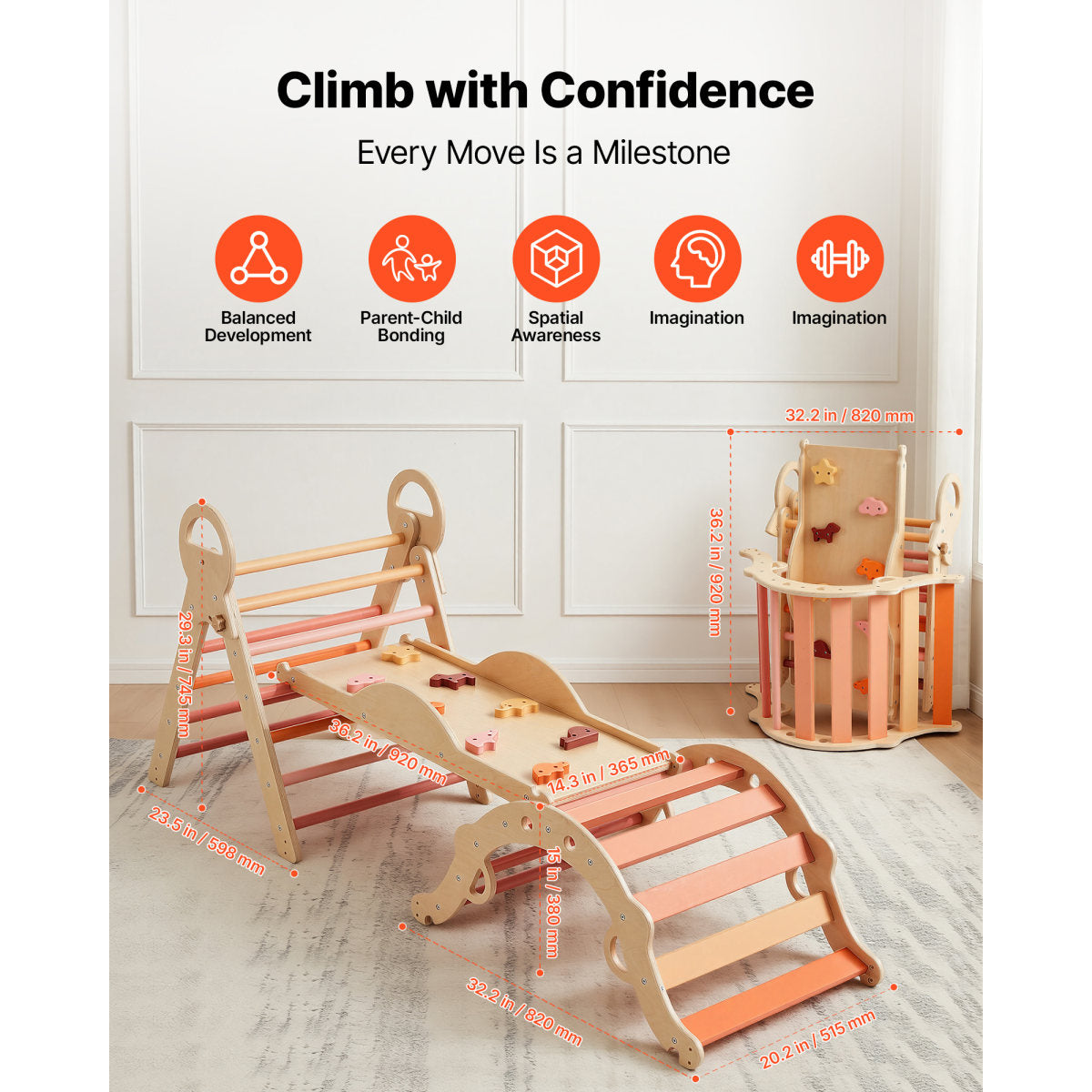 Pikler Triangle Set, 9-in-1 Toddler Climbing Toys Indoor, With 2 Wooden Cars, Cushion, Triangle, Arch, And Ramp, 150 Lbs Load, Foldable Montessori Climbing Set For Toddlers And Kids, Orange