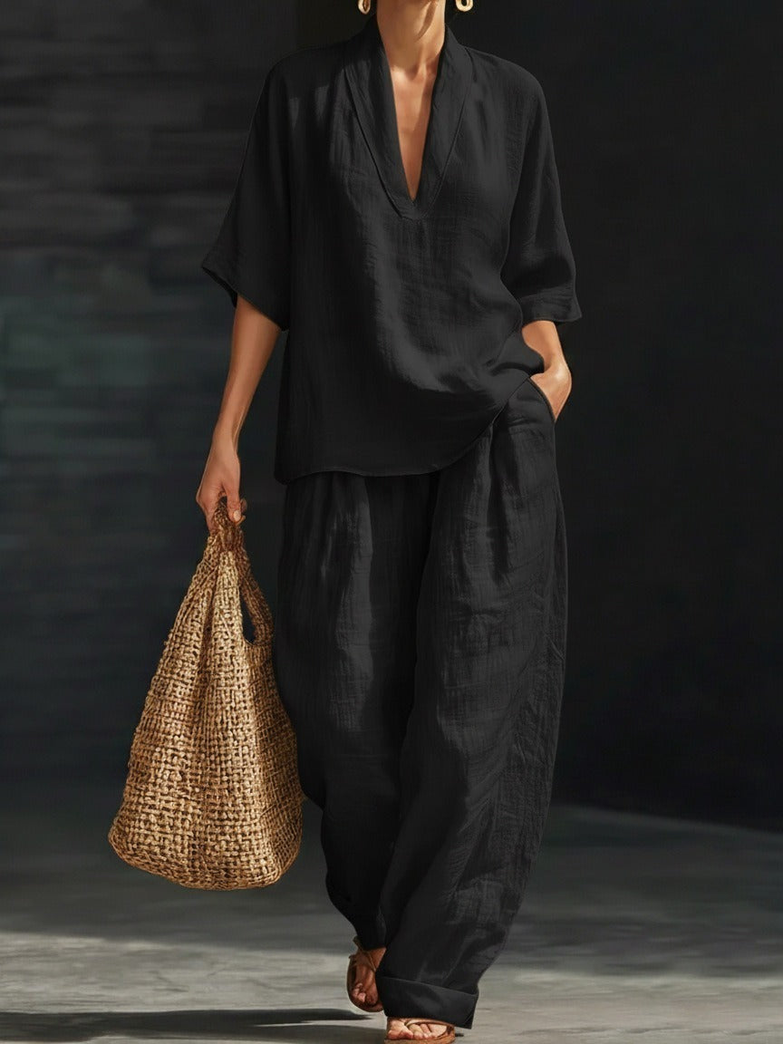 2026 Hot Sale Spring Summer Women's Set, Fashion V-Neck Short Sleeve Loose Top With Pocket Pants