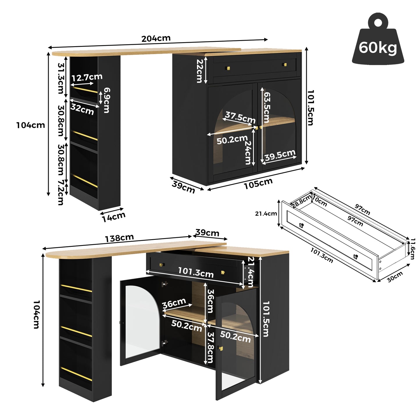 Extendable Bar Table With Storage  138-204x39x104cm , 360 Rotatable Edible,Modern Movable Bar Table,High Table Kitchen Island Bistro Table, Sideboard Cabinet With Shelves And Glass,Black