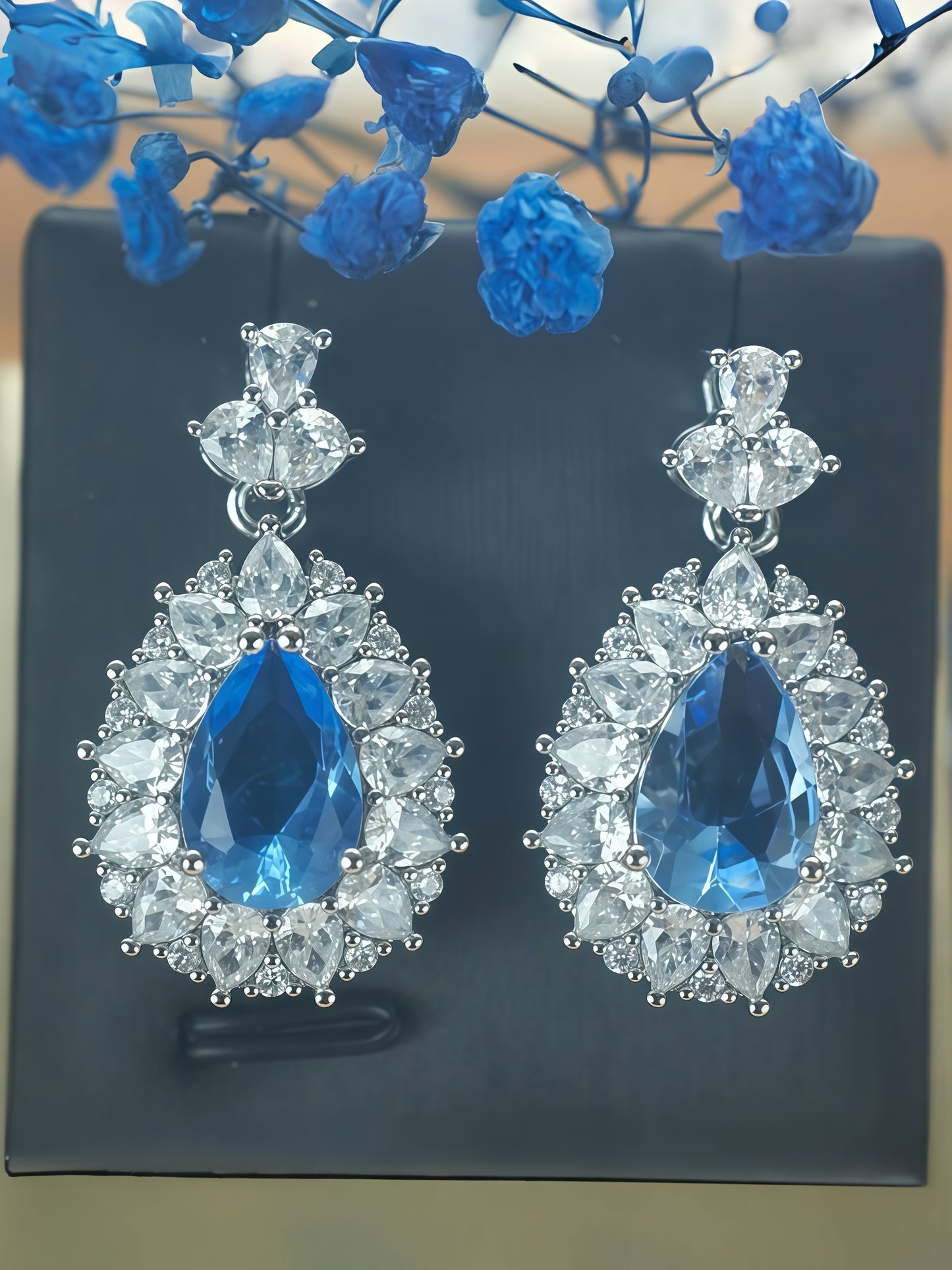 Pear Shaped Sky Blue Gem Double Halo Dangle Drop Earrings For Women, Copper Silver Plated Marquise White Crystal Vintage Bridal Banquet Statement Jewelry Gift