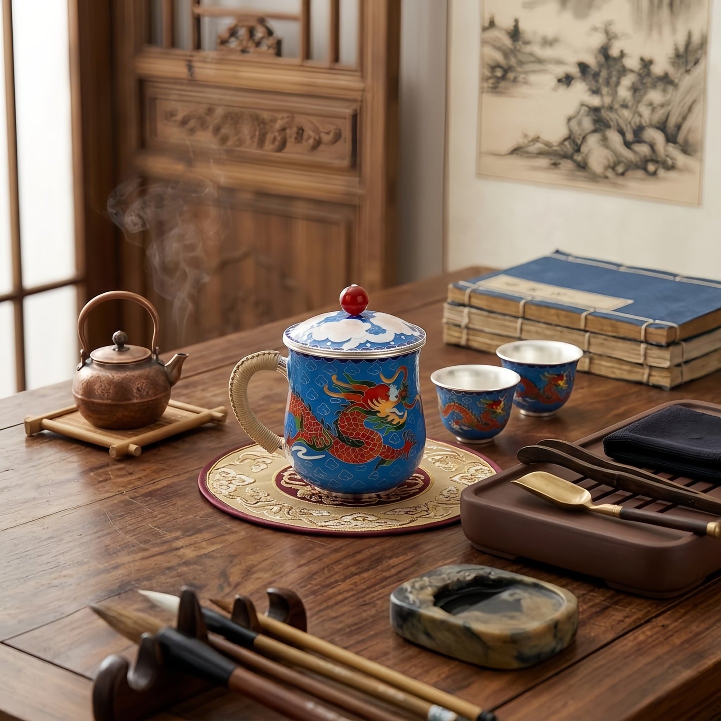 925 Sterling Silver Handcrafted Cloisonné Enamel Dragon Tea Mug with Wicker Handle and Ornate Lid - Handicraft